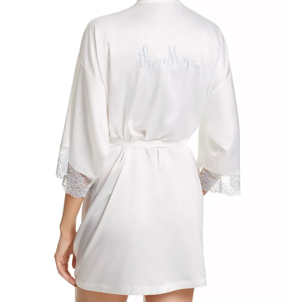 “The Mrs.” Bridal Wrap Robe and Slip (white and baby blue). In Bloom by Jonquill